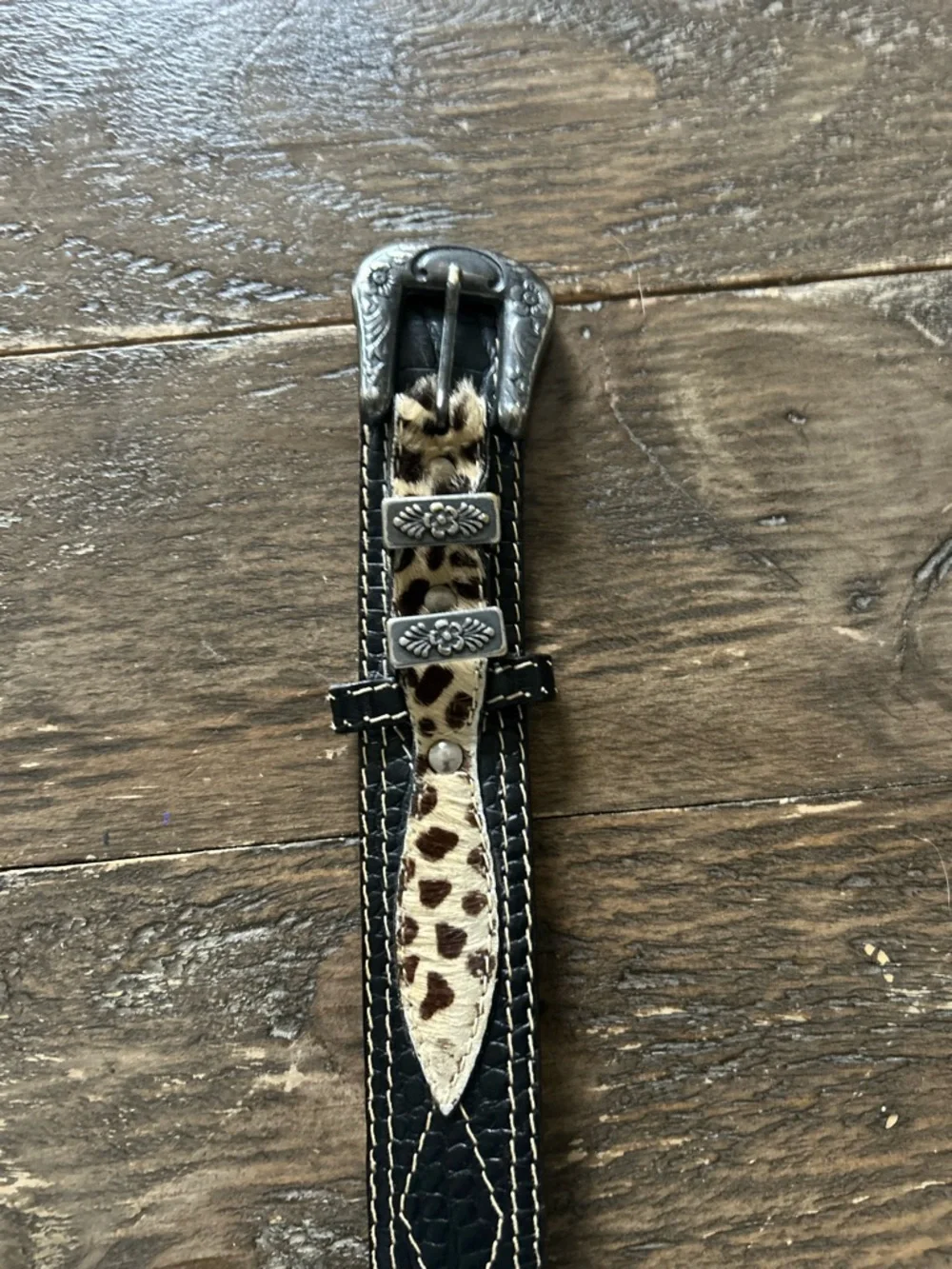 Aviator by Adelfio Vintage Belt Black Leather Faux Animal Print Made in Italy